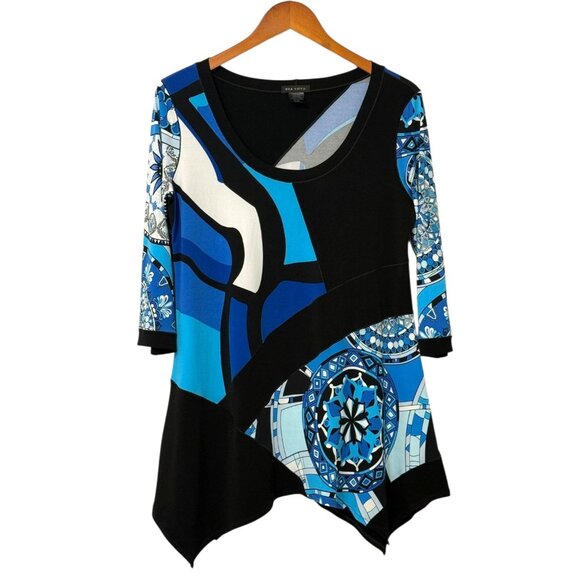 Eva Varro Black Turquoise & White Geometric Design Tunic Top Jersey Knit Size XL - Picture 6 of 6